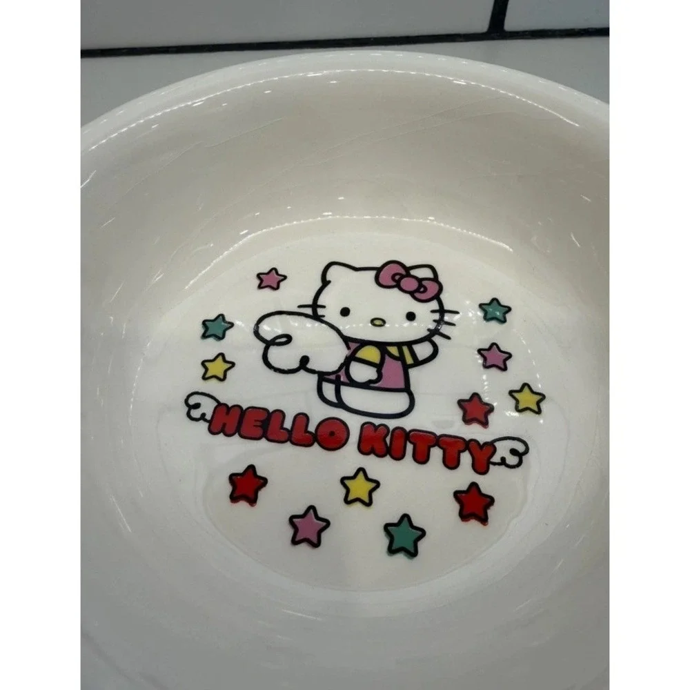 NEW Hello Kitty Ceramic Dog Cat Bowl by Sanrio White With Stars 6